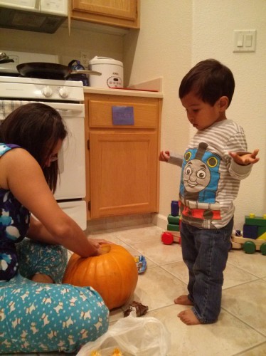 "I want to carve the pumpkin. I want you to scoop all the things out and put it over there."