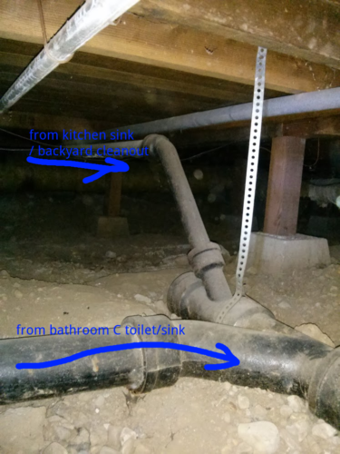 Picture of A going to backyard (you can start to see the rust at the top pipe that goes 45 deg down to main sewer pipe) 